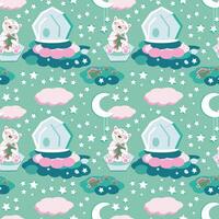 Seamless pattern polar bear cub under stars and moon with fish vector