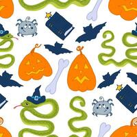 Seamless halloween pattern snake and pumpkins vector
