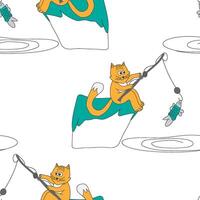Seamless pattern red cat fisherman vector