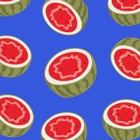 cute summer pattern with watermelon on a bright blue background. Summer cartoon fruits vector
