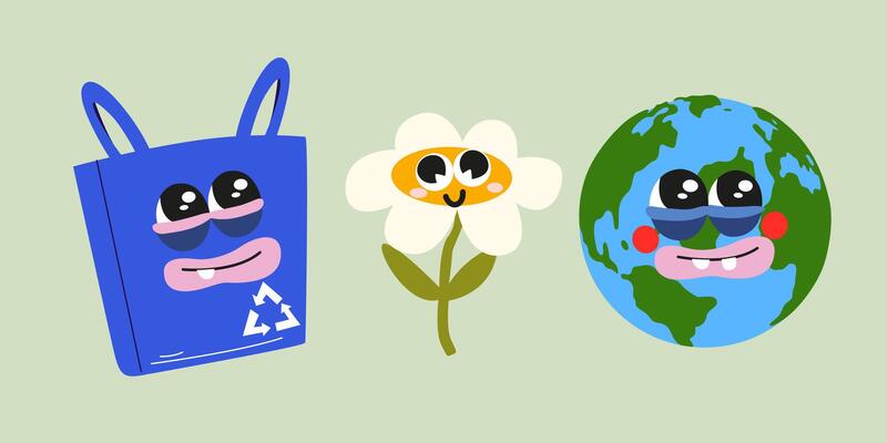 Cartoon groovy characters on the theme of recycling in trendy retro style. Eco lifestyle, no plactic, eco bag, zero waste. Environmental protection, recycling