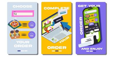 Mobile and site application for product online order. Food delivery online service illustration. Banner for website or delivery site vector