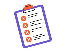 Hand drawn cute cartoon illustration clipboard with note. Flat check list form sticker doodle. Failed plan. Unfinished todo list icon. Cross in box. Productivity concept. Isolated. vector