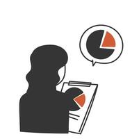 a woman is holding a clipboard with a pie chart vector