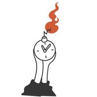a cartoon hand holding a clock bomb with a red flame coming out of it vector