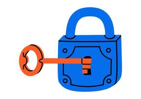 Hand drawn cute cartoon illustration of closed lock and key in keyhole. Flat protection tool sticker doodle. Opening or closing lock icon or print. Access to account. Security system. Isolated. vector