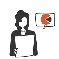 a woman holding a piece of paper with a speech bubble above it with pie chart vector