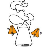 a phone with smoke coming out of it and two caution signs vector