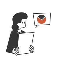 a cartoon woman holding a paper with a speech bubble pie chart vector