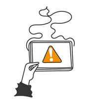 a person holding a tablet computer with an orange warning sign overheat vector