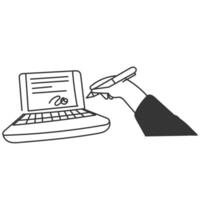 a hand writing on a laptop computer a signature vector