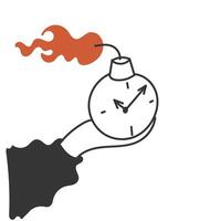 a hand holding a clock bomb with a red flame coming out of it vector