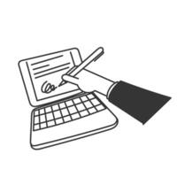 a hand writing on a laptop with a pen signature vector
