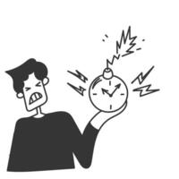 a cartoon man holding a clock explosion with lightning coming out of it vector