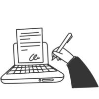 a hand writing signature on a laptop with a pen vector