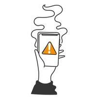 hand holding a smartphone with a warning sign on it overheat vector