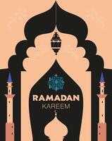 Ramadan Kareem greeting card with flat illustrations of dome, minarets, lantern. vector