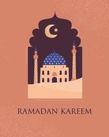 Ramadan Kareem greeting card with flat illustrations of mosque, minarets, crescent moon inside window shape. vector
