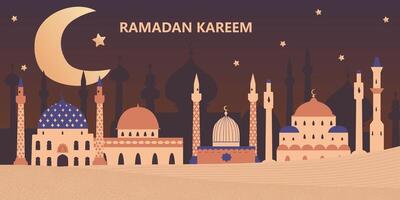 Ramadan Kareem horizontal banner with flat minimalistic illustrations of mosques, minarets, crescent moon. vector