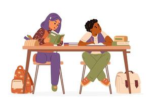 Two classmates a boy and a girl sitting at desk in classroom studying flat illustration isolated on white. Pupils sitting in pair at desk with school supplies and backpacks. vector