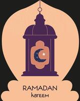Ramadan Kareem greeting card with flat illustrations of lantern and ornate crescent moon inside. vector
