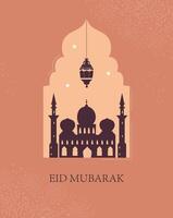 Ramadan Kareem greeting card with flat illustrations of mosque, minarets, lantern inside window shape. vector