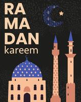 Ramadan Kareem greeting card with flat illustrations of mosque, minarets, ornate crescent moon. vector