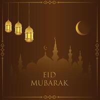 Eid mubarak greeting card with lanterns and crescent moon vector