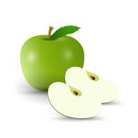 A fresh green apple stands tall, accompanied by two neatly sliced pieces, revealing the crisp white flesh inside vector