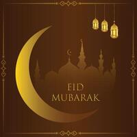 Eid mubarak greeting card with crescent and lanterns vector