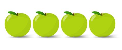 Set of Five fresh fresh green apples on isolated backgrund, and showing thair Each apple has a bright green leaf, adding a touch of freshness fruits vector