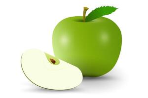 A ripe apple on isolated white backgroundrich with green leaf in natural fruit concept. green apple with a glossy surface and a single green leaf sits next to a neatly sliced apple piece. vector
