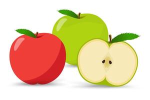 A shiny red apple, a fresh green apple, and a sliced green apple showing its creamy interior and seeds. Each apple has a bright green leaf, adding a touch of freshness vector