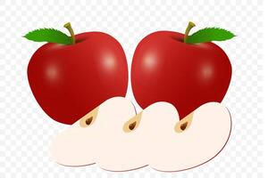Two red apples and three half cut of pieces apples on transparency background used in advertising background, falling red apples, realistic 3d illustration vector