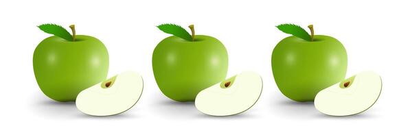 Set of three green fresh apple with green lesf, and sliced piece of ripe apple on isolated white background. natural fruit concept vector