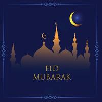 Eid mubarak greeting card with mosque and crescent vector