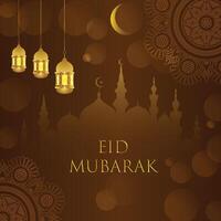 Eid mubarak greeting card with lanterns and mosque illustration vector