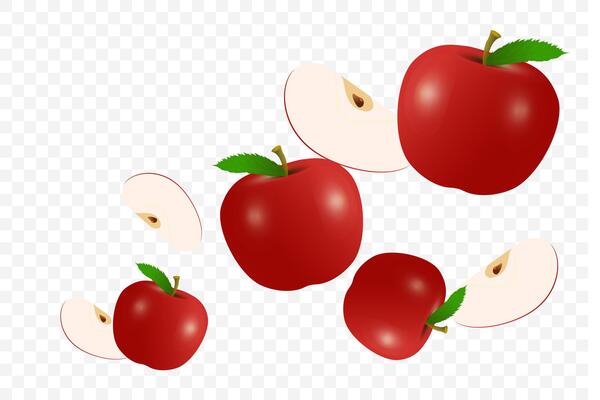 A Flying red apples mixed together on transparency background used in advertising background, falling red apples, realistic 3d illustration
