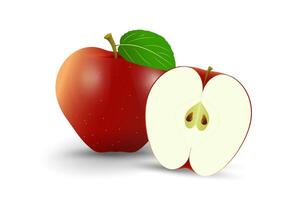 A fresh red apple with one half sliced red apple in smooth surface and a single green leaf attached to its. Group of juicy apples, realistic 3d vector