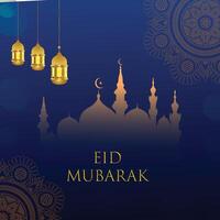 Eid mubarak greeting card with mosque and lanterns vector