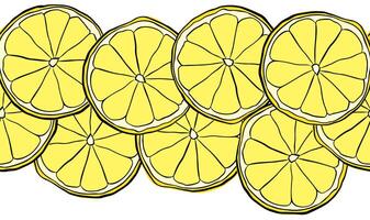 Lemon slices design with graphic line ink hand drawn horizontal seamless border. Design for menu, package, cosmetic, textile, package. vector