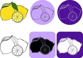 logo Lemons whole and cut with leaves. Graphic line ink decorative fruity lemon still life composition, for you business, web, package, sticker, prints vector