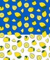Lemons whole and cut seamless pattern. green leaves. graphic line ink yellow illustration on transparent background. fruit background for banners, print for fabric, labels, t-shirt vector