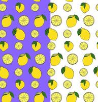 Lemons whole and cut with leaves seamless pattern. graphic line ink yellow illustration on transparent background. Ideal for menu, package, cosmetic, textile, cards vector