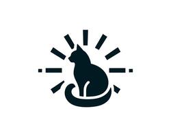 A black cat is sitting in front of a sun vector