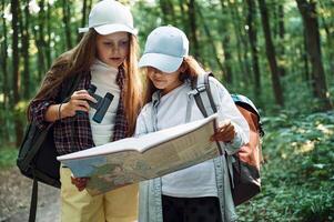 Standing on the footpath. .Two girls is in the forest having a leisure activity, discovering new places photo
