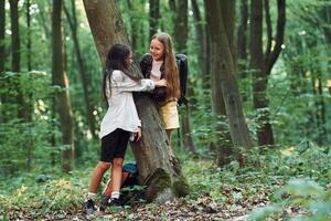 Standing and looking at each other. Two girls is in the forest having a leisure activity, discovering new places photo