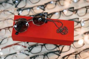 Close up view of brand new glasses that, is in the store photo