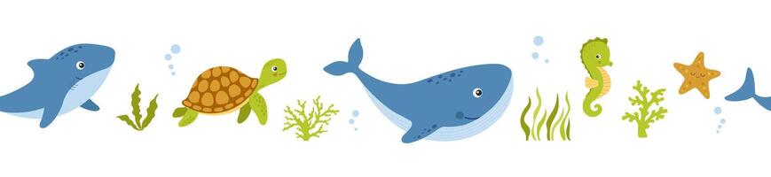 Seamless border with sea animals whale, turtle, shark on white background, underwater life, illustrations. Nautical repeating design for nursery vector