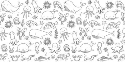 Seamless pattern with sea animals on white background, underwater life, outline illustrations. Nautical repeating monochrome design for nursery and kids vector